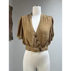 free people cropped blouse draped button front puff sleeve vintage inspired S